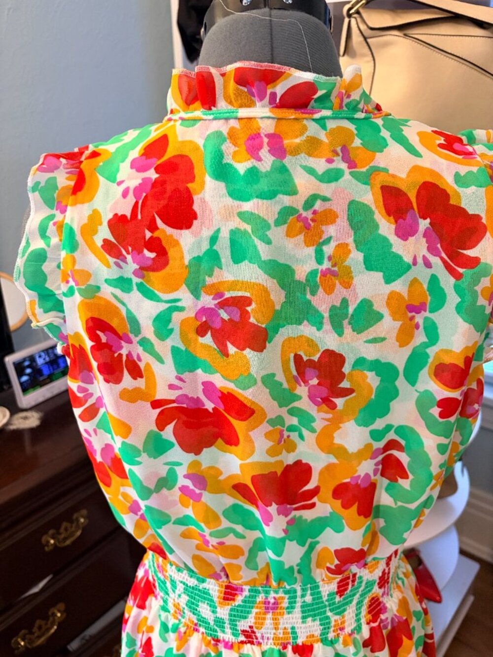 Cabi Floral Smocked Waist Dress Cottagecore Holiday Ruffle Midi Summer Resort - Picture 4 of 11